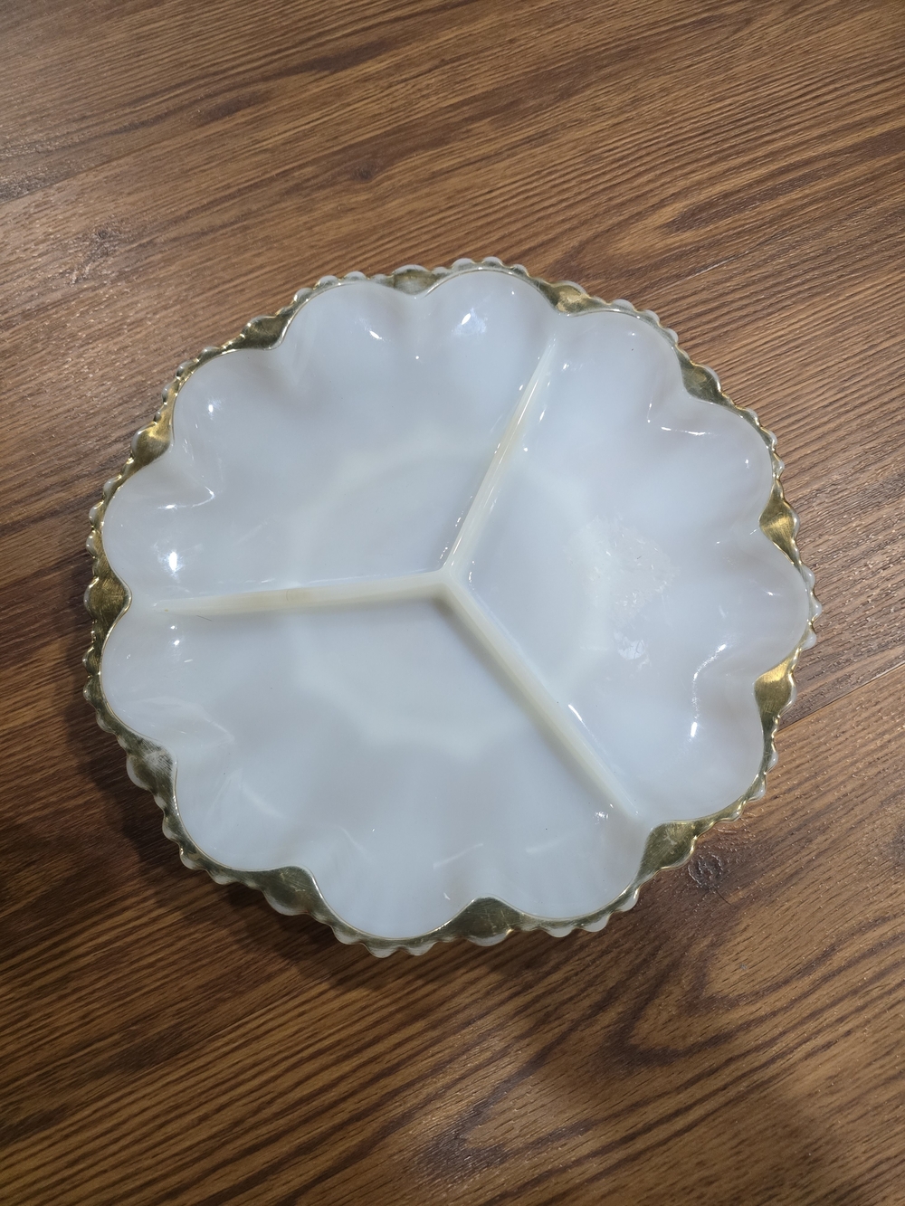 Vintage Fire King Anchor Hocking Milk Glass 3 Divided Serving Dish Gold Trim